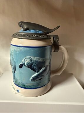 Manatee Ceramic Stein with Pewter Lid - Blue and Cream